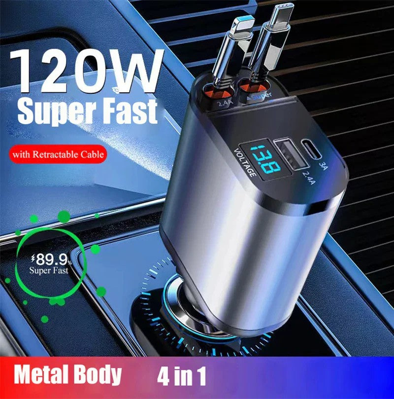 Fast car charger with dual smart USB port 4-in-1