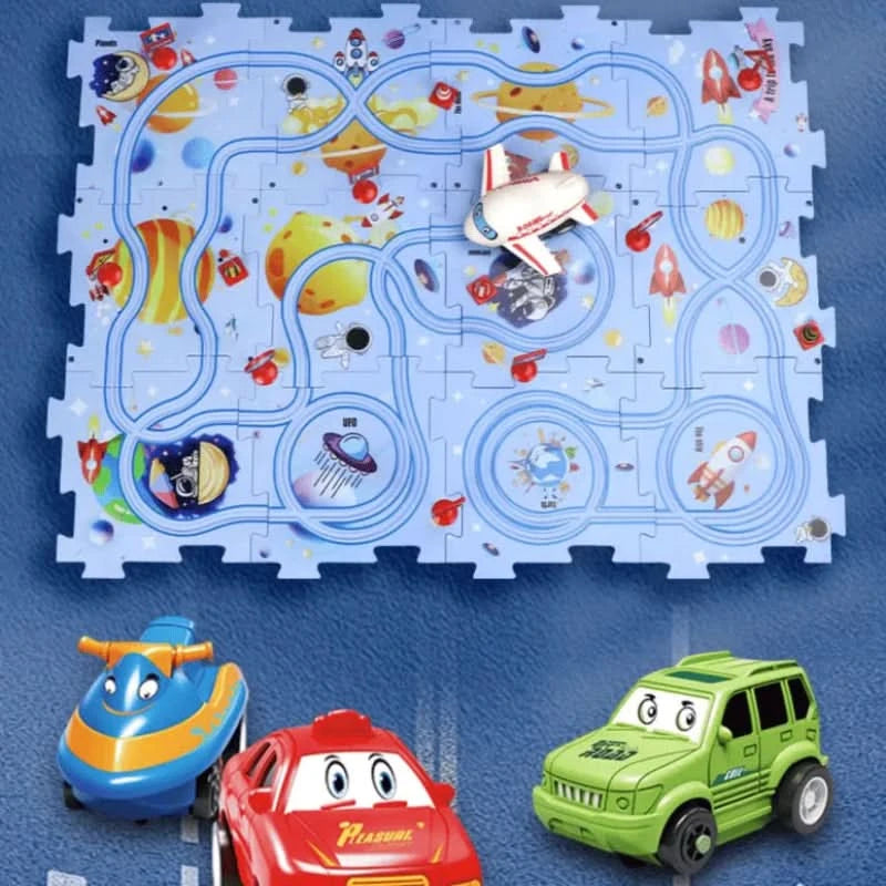 Circuit-puzzle educativo con vehículos eléctricos 