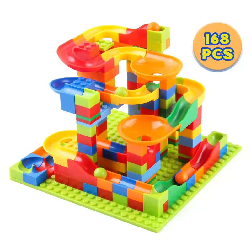 Construction toy with modular marble run circuit 